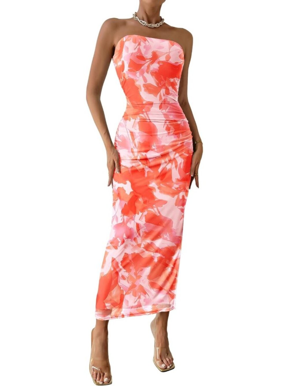 Women's Print light Orange Floral Strapless Bodycon Maxi Dress Ruched Slit Gown